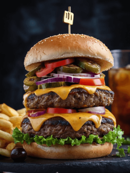 composition of a towering homemade burger stacked with layers of colorful toppings and sauces, set against a dark, moody background with dramatic lighting highlighting the textures.