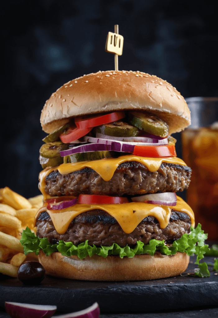 composition of a towering homemade burger stacked with layers of colorful toppings and sauces, set against a dark, moody background with dramatic lighting highlighting the textures.