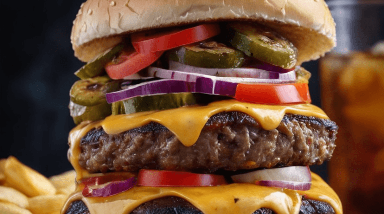 composition of a towering homemade burger stacked with layers of colorful toppings and sauces, set against a dark, moody background with dramatic lighting highlighting the textures.