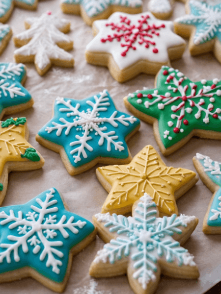 A festive scene of freshly baked Christmas sugar cookies on a decorative plate, decorated with colorful icing, sprinkles, and edible glitter. The background includes Christmas decorations like a tree and lights, creating a warm, cozy holiday atmosphere.