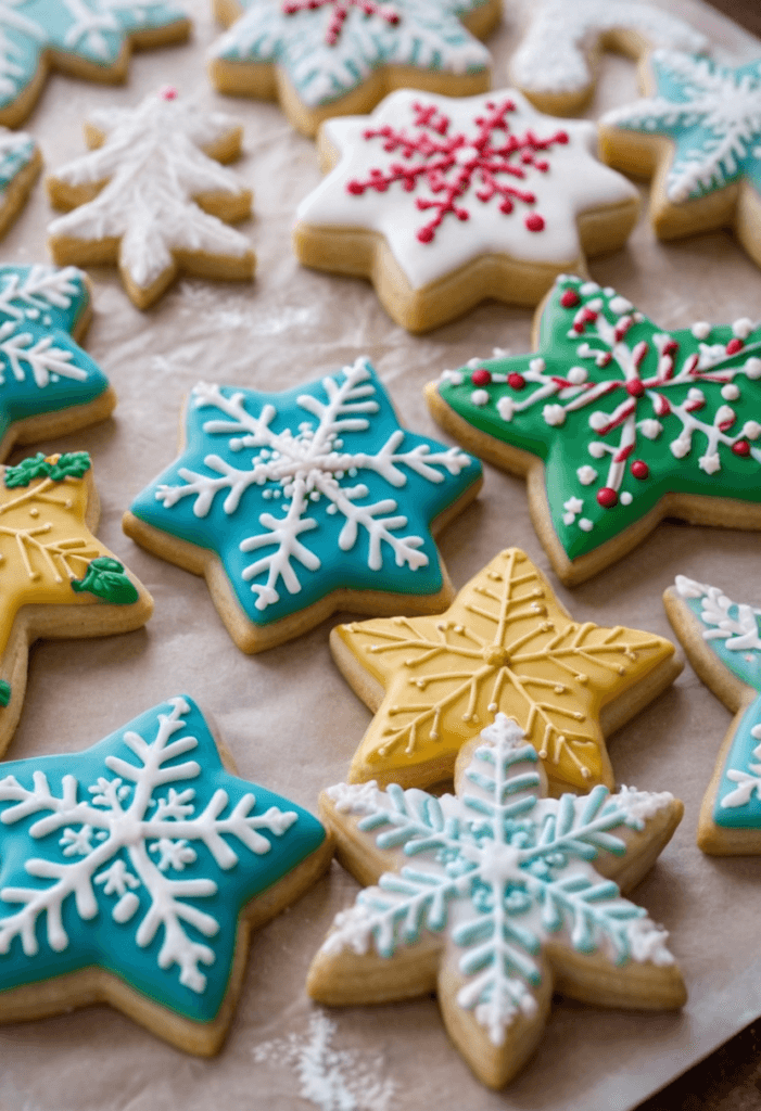 A festive scene of freshly baked Christmas sugar cookies on a decorative plate, decorated with colorful icing, sprinkles, and edible glitter. The background includes Christmas decorations like a tree and lights, creating a warm, cozy holiday atmosphere.