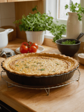 an image of a freshly baked quiche cooling on a wire rack in a cozy kitchen. The golden, crispy crust is slightly cracked, and the filling has set. A knife is about to cut a slice, and a few plates are ready for serving. The kitchen has a homey, inviting vibe, with a few fresh herbs or kitchen towels in the background.