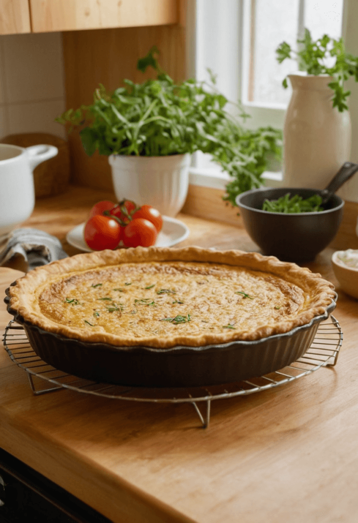 an image of a freshly baked quiche cooling on a wire rack in a cozy kitchen. The golden, crispy crust is slightly cracked, and the filling has set. A knife is about to cut a slice, and a few plates are ready for serving. The kitchen has a homey, inviting vibe, with a few fresh herbs or kitchen towels in the background.