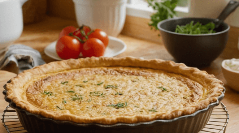 an image of a freshly baked quiche cooling on a wire rack in a cozy kitchen. The golden, crispy crust is slightly cracked, and the filling has set. A knife is about to cut a slice, and a few plates are ready for serving. The kitchen has a homey, inviting vibe, with a few fresh herbs or kitchen towels in the background.