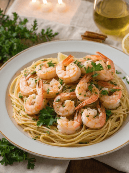 A close-up of fresh raw shrimp being prepared for cooking, laid out on a wooden cutting board. The shrimp are deveined and peeled, with tails intact, seasoned with salt and freshly cracked black pepper. Nearby, there’s a small bowl of olive oil, a lemon wedge, and a scattering of parsley leaves for garnish. The background shows a clean kitchen countertop with natural lighting, creating a fresh and inviting atmosphere.