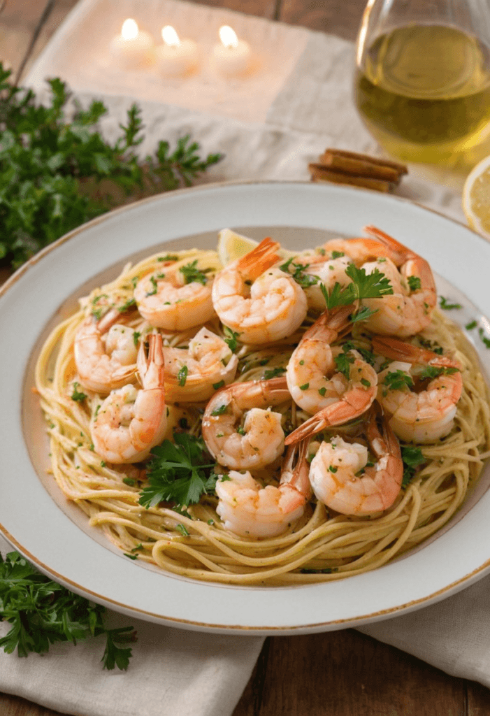 A close-up of fresh raw shrimp being prepared for cooking, laid out on a wooden cutting board. The shrimp are deveined and peeled, with tails intact, seasoned with salt and freshly cracked black pepper. Nearby, there’s a small bowl of olive oil, a lemon wedge, and a scattering of parsley leaves for garnish. The background shows a clean kitchen countertop with natural lighting, creating a fresh and inviting atmosphere.