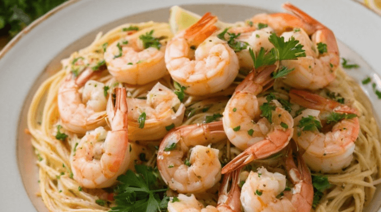 A close-up of fresh raw shrimp being prepared for cooking, laid out on a wooden cutting board. The shrimp are deveined and peeled, with tails intact, seasoned with salt and freshly cracked black pepper. Nearby, there’s a small bowl of olive oil, a lemon wedge, and a scattering of parsley leaves for garnish. The background shows a clean kitchen countertop with natural lighting, creating a fresh and inviting atmosphere.